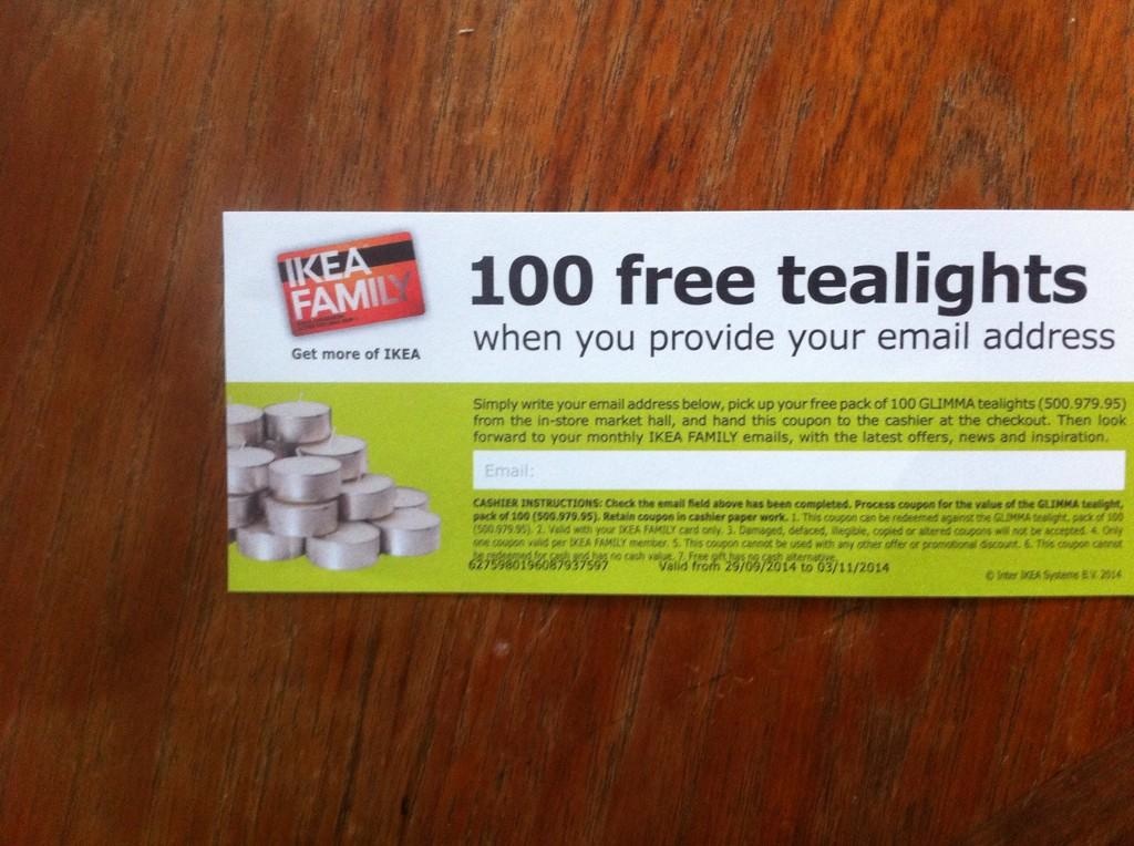 Ikea Family mailshot: 100 tea lights for your email address