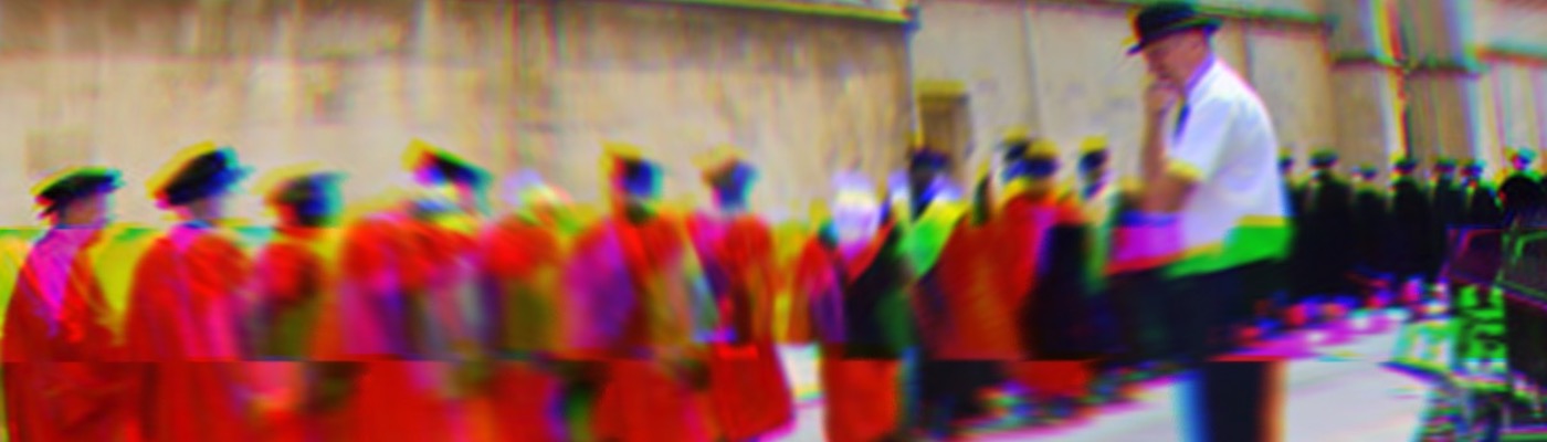 A glitched image of Oxbridge dons processing