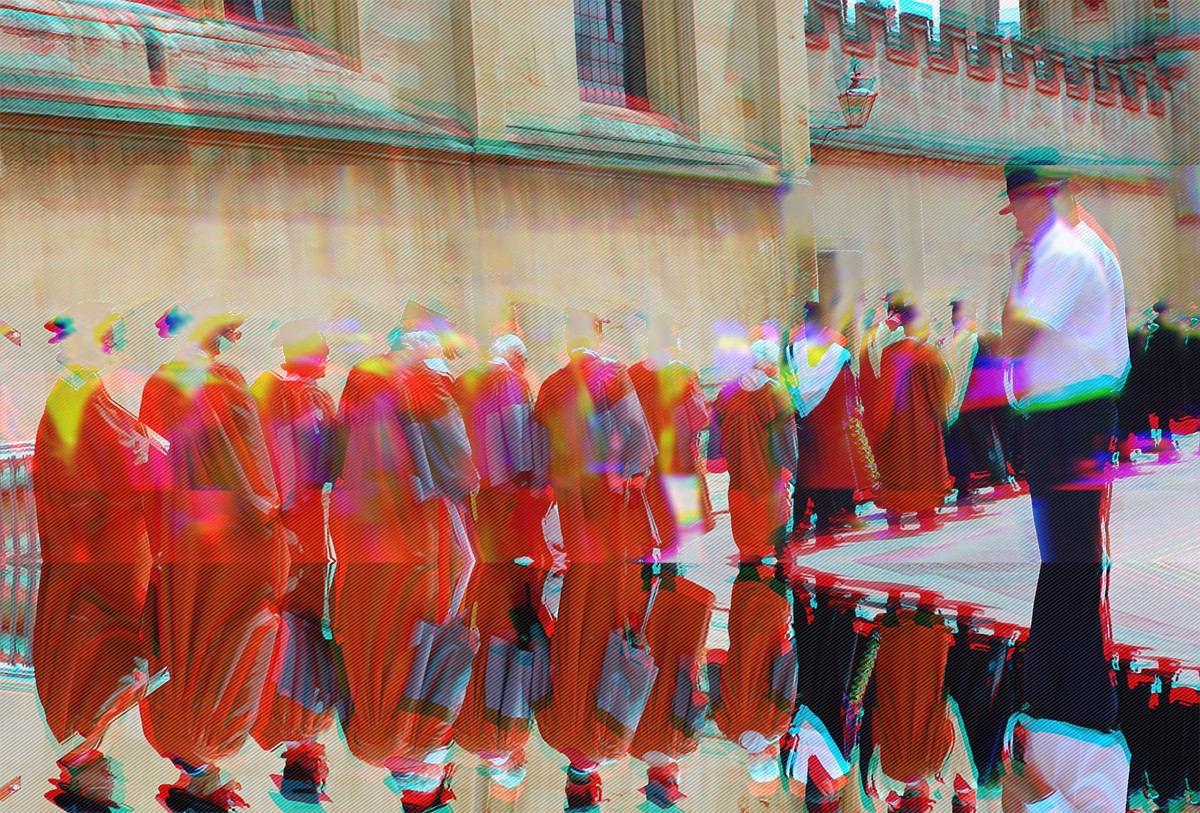 A glitched image of an academic procession outside an Oxford college