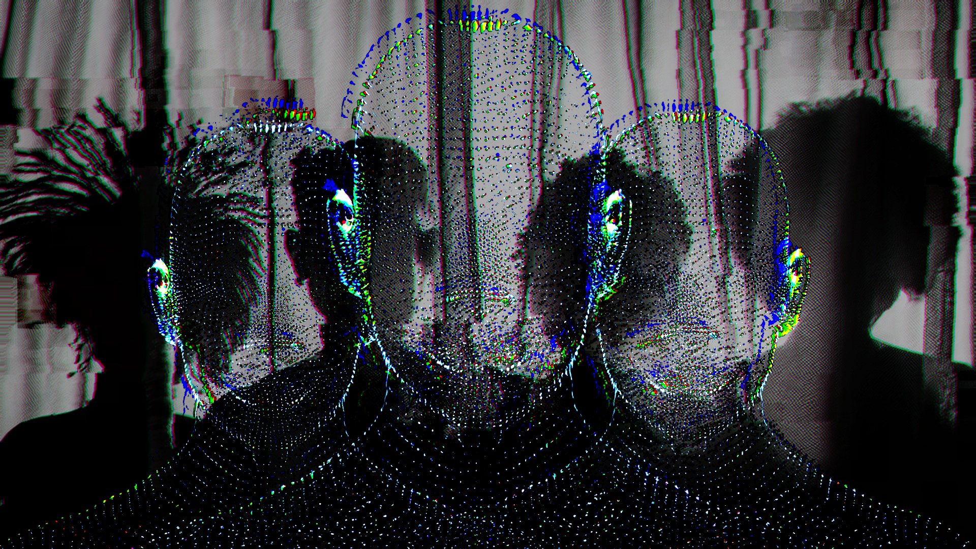 Silhouetted human figures behind a curtain with shining abstract representations of human heads superimposed on top
