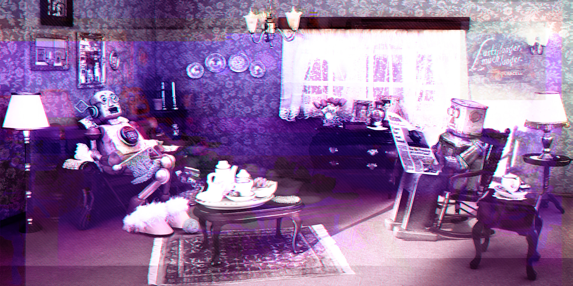 Glitched representation of 1980s Duracell robots in a domestic setting