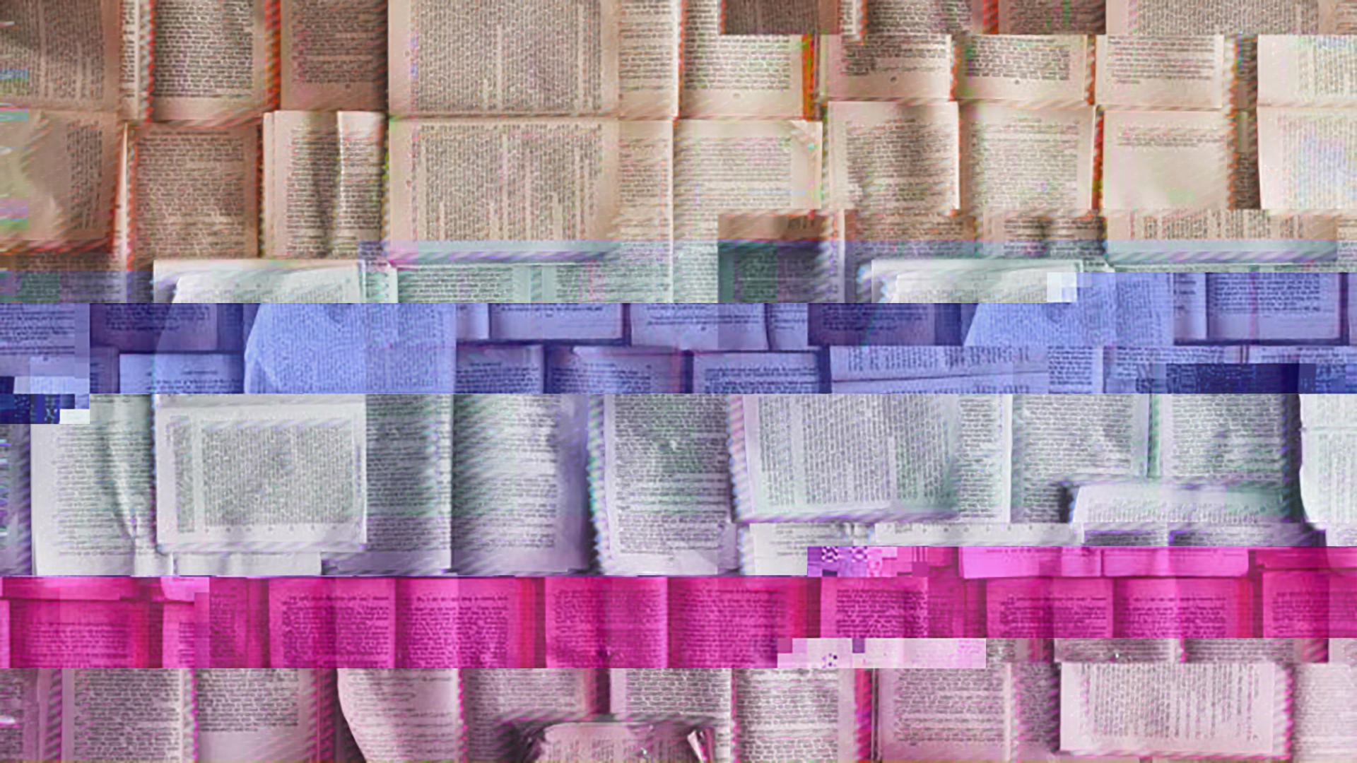 A glitched image of lots of books all lying open and facing up towards the camera