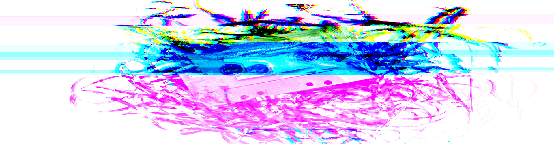 A glitched image of a cassette tape that has been unwound and the loose tape is scrambled.
