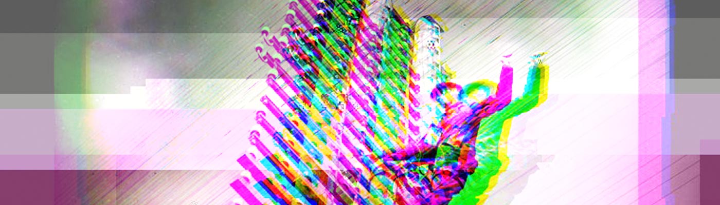 A glitched image of a telegraph worker up a telegraph pole